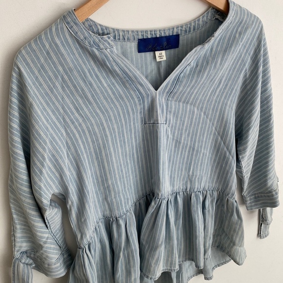 Blue Rain v neck Tied Sleeves cold shoulder pinstripe peplum Blouse, Size XS - Picture 6 of 11